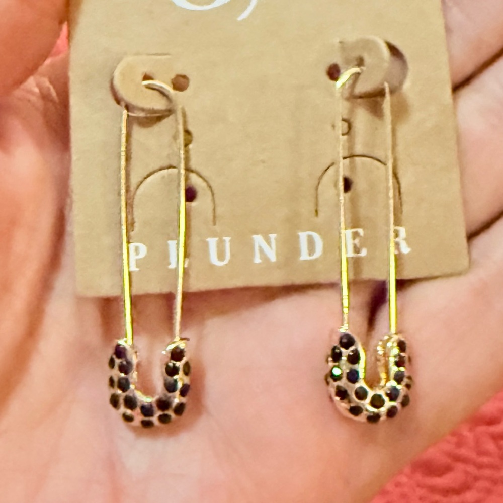 Plunder Gold Tone Safety Pin Earrings with Black Rhinestones